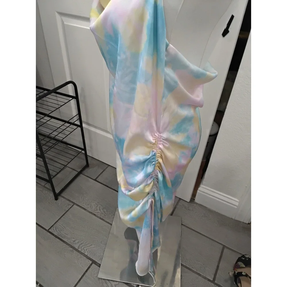 Zara Pastel Tie Dye Satin Halter Cowl Neck Ruched Midi Dress XL Blue Pink Yellow - Picture 3 of 7